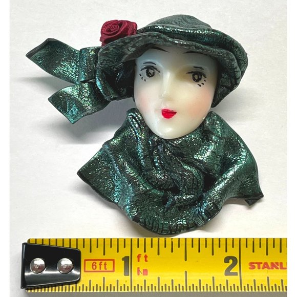 Vintage Art Deco Face Brooch Pin Woman Green Flapper 2.25" Tall - Picture 4 of 6